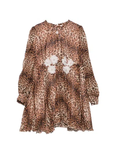 Roberto Cavalli Kids' Leopard-print Floral-appliqué Dress In Brown