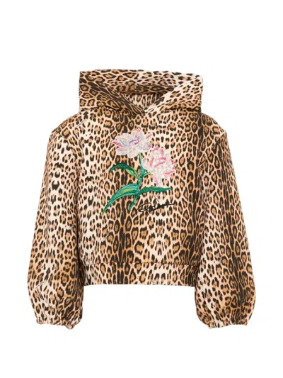 Roberto Cavalli Kids' Leopard-print Floral-embroidered Hoodie In Brown