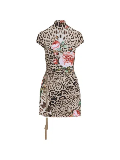 Roberto Cavalli Leopard-print Floral-print Dress In Animal Print