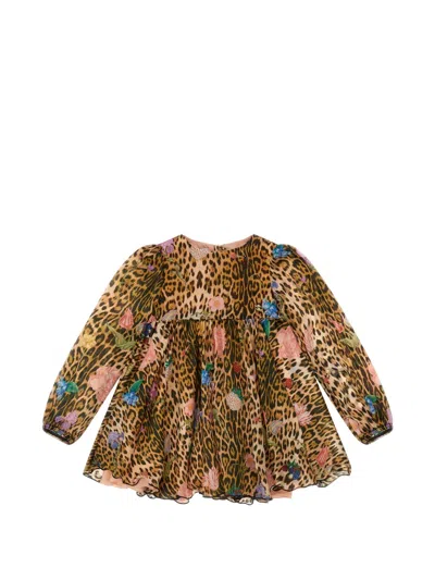 Roberto Cavalli Babies' Leopard-print Floral-print Dress In Brown