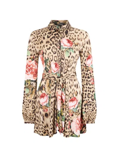 Roberto Cavalli Leopard-print Floral-print Mini Dress In Multi