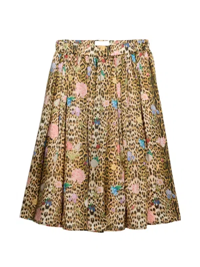 Roberto Cavalli Kids' Leopard-print Floral-print Skirt In Brown