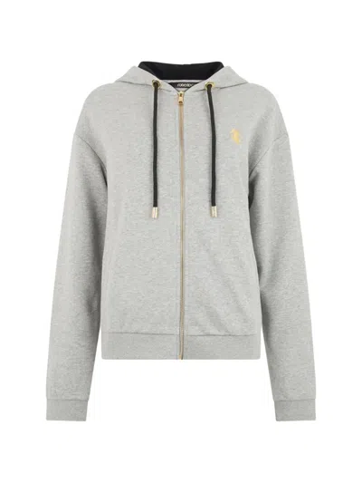 Roberto Cavalli Leopard-print Logo-embroidered Hoodie In Gray