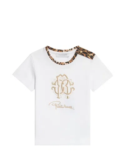 Roberto Cavalli Babies' Leopard-print Logo-embroidered T-shirt In White