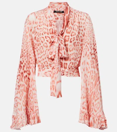 Roberto Cavalli Leopard-print Tie-neck Jersey Blouse In Pink