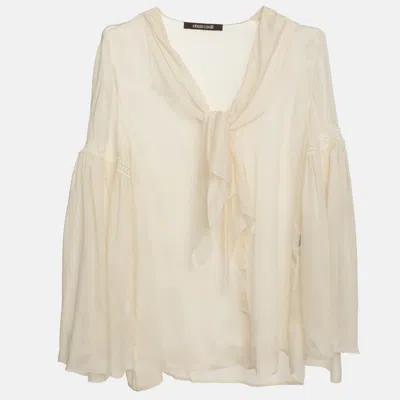 Pre-owned Roberto Cavalli Light Beige Chiffon Neck Tie Ruffled Sleeve Blouse S In Sand