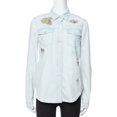 Roberto Cavalli Light Blue Distressed Denim Patch Detail Shirt
