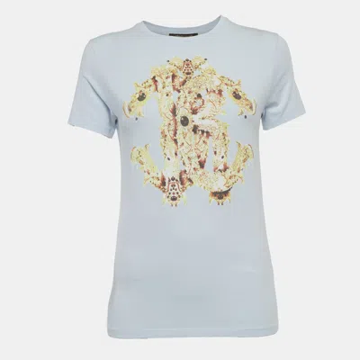 Pre-owned Roberto Cavalli Light Blue Graphic Print Jersey Crew Neck T-shirt M