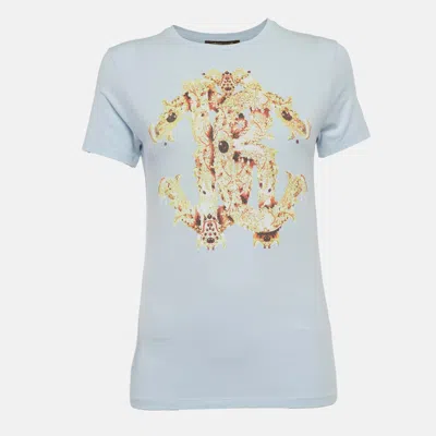 Roberto Cavalli Light Blue Graphic Print Jersey Crew Neck T-shirt In Multi