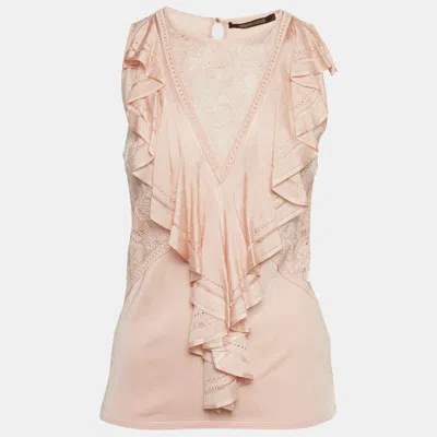 Pre-owned Roberto Cavalli Light Peach Stretch Knit Ruffle Crew Neck Top M In Pink