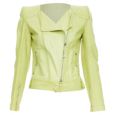 Roberto Cavalli Lime Green Leather Moto Power Shoulder Biker Jacket It38 Xs