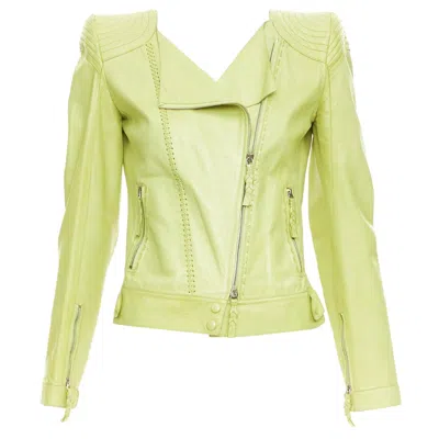 Pre-owned Roberto Cavalli Lime Green Leather Moto Power Shoulder Biker Jacket It38 Xs