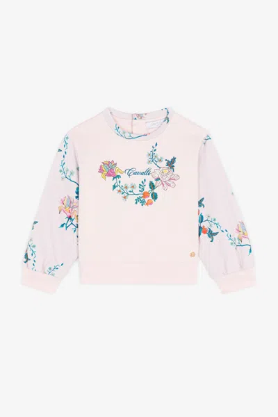 Roberto Cavalli Logo And Floral-embroidered Cotton Sweatshirt In Pink