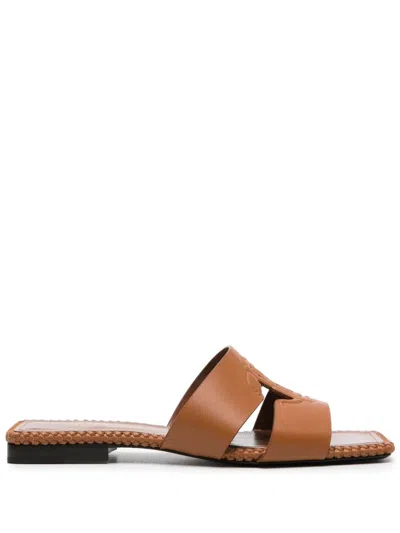 Roberto Cavalli Logo-embossed Leather Sandals In Brown