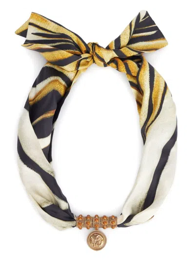 Roberto Cavalli Logo-embossed Printed Silk Necklace In Black