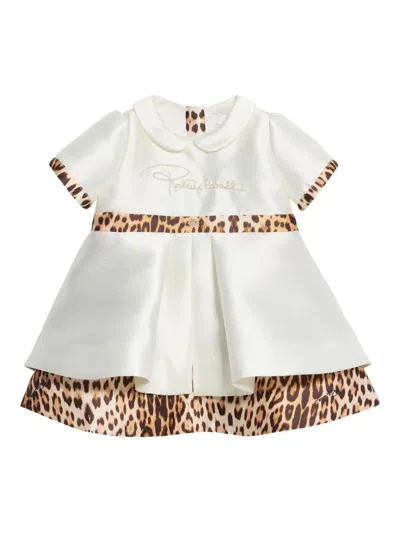 Roberto Cavalli Babies' Logo-embroidered Jaguar-print Dress In White