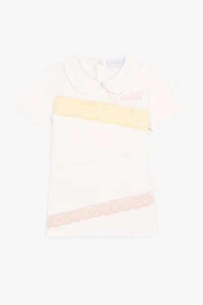 Roberto Cavalli Logo-embroidered Lace-trimmed Top In White