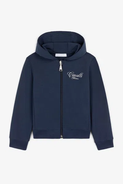 Roberto Cavalli Logo-embroidered Zipped Hoodie In Dark Blue