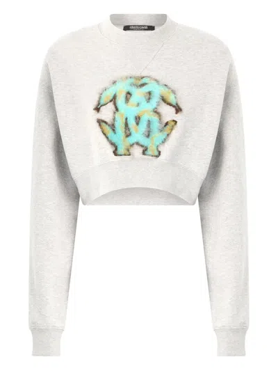 Roberto Cavalli Logo-motif Cropped Sweatshirt In Gray