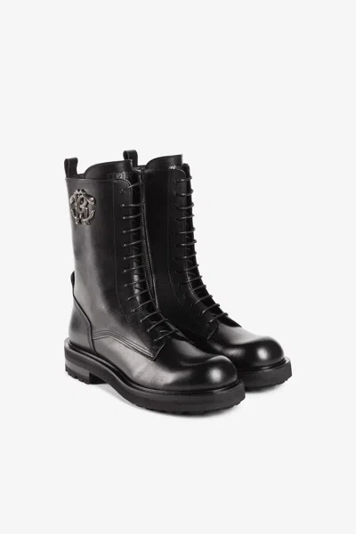 Roberto Cavalli Logo-plaque Leather Boots In Black
