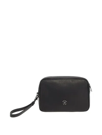 Roberto Cavalli Logo-plaque Leather Wash Bag In Black