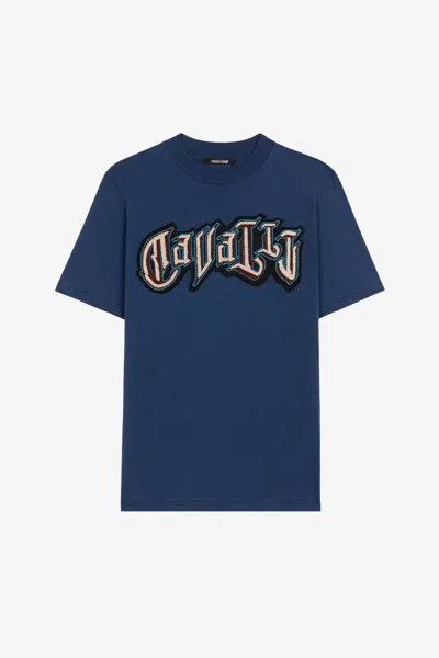 Roberto Cavalli Logo Print Cotton T-shirt In Dark Blue