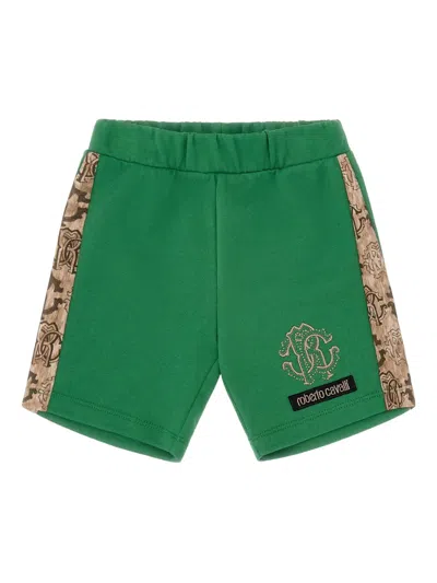 Roberto Cavalli Babies' Logo Side-stripe Shorts In Green
