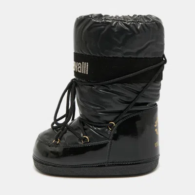 Pre-owned Roberto Cavalli Logo Size 35 Black Patent Leather And Nylon Snow Boots