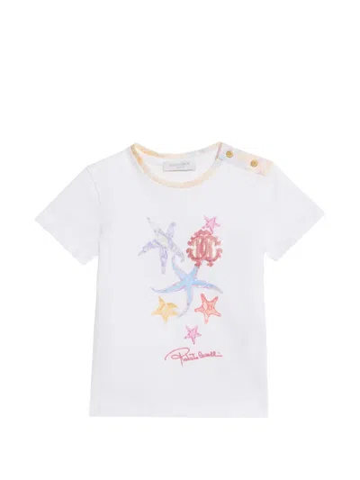 Roberto Cavalli Babies' Logo Starfish-print T-shirt In White