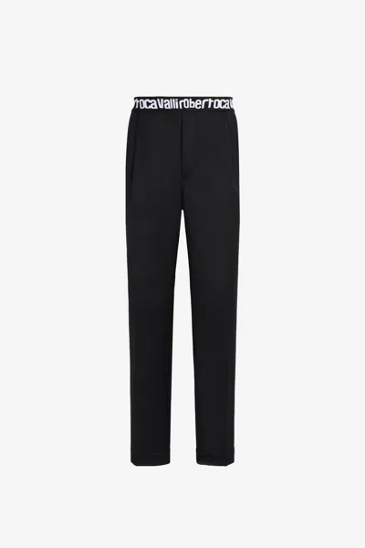 Roberto Cavalli Logo-waistband Tailored Wool Trousers In Black