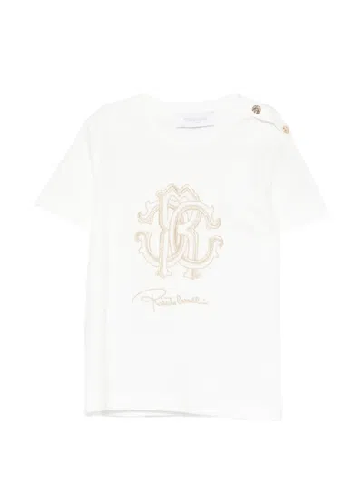 Roberto Cavalli Kids' Logo-embroidered Button-detail T-shirt In White