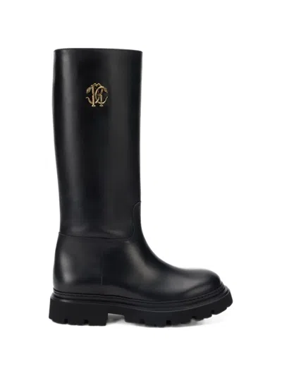 Roberto Cavalli Logo-plaque Leather Boots In Black