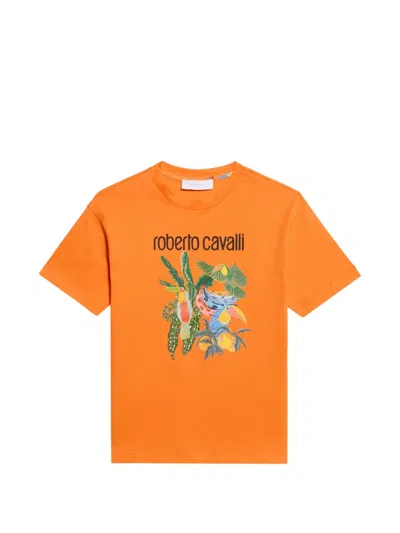 Roberto Cavalli Kids' Logo-print Tropical-motif T-shirt In Brown
