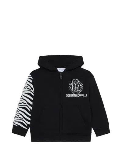 Roberto Cavalli Kids' Logo-print Zebra-pattern Hoodie In Black