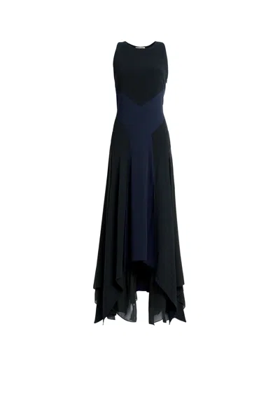 Roberto Cavalli Long Black And Navy Silk Dress In Dark Blue