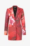 Roberto Cavalli Long Blazer With Rose Print In Rosso