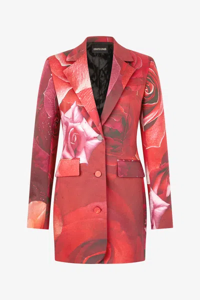 Roberto Cavalli Long Blazer With Rose Print In Rosso