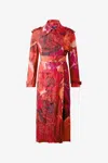 Roberto Cavalli Long Crinkle-effect Trench Coat With Rose Print In Rosso
