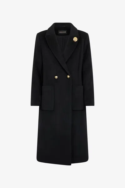 Roberto Cavalli Double-breasted Long Coat In Black