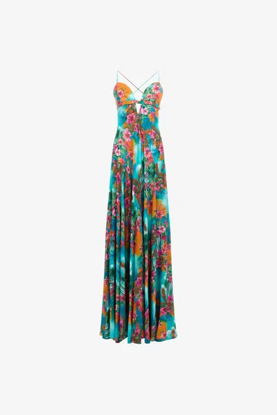 Roberto Cavalli Long Dress Hawaii Print In Light Blue