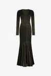 Roberto Cavalli Long Dress In Black And Gold With Pleated Skirt In Brown