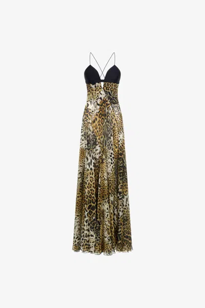 Roberto Cavalli Long Dress Jaguar Skin Print In Light Brown