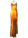 Roberto Cavalli Printed Silk Chiffon Satin Long Dress In Orange