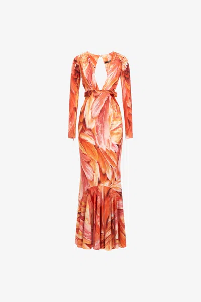 Roberto Cavalli Long Dress Plumage Print In Orange