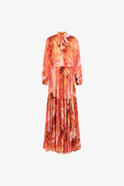 Roberto Cavalli Long Dress Plumage Print In Orange