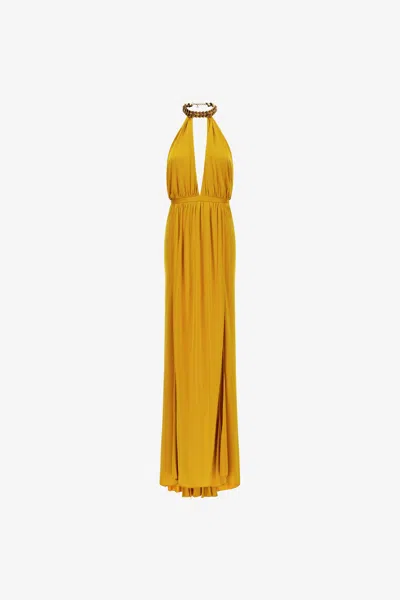 Roberto Cavalli Long Dress With Jewel Detail In Yellow