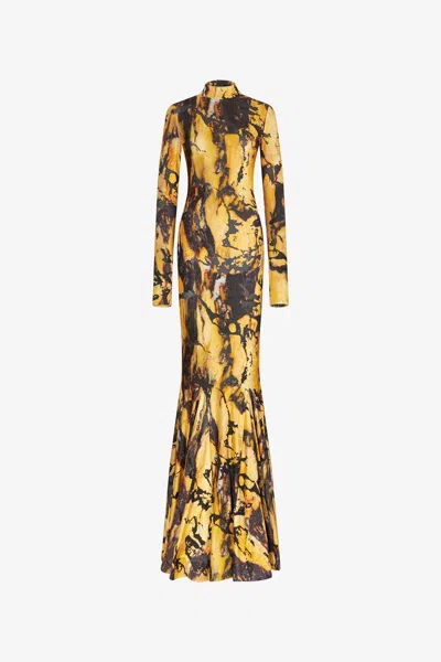 Roberto Cavalli Long Dress With Marble Print In Yellow
