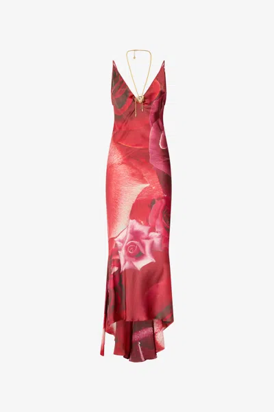 Roberto Cavalli Long Dress With Rose Print And Bejeweled Tiger In Red
