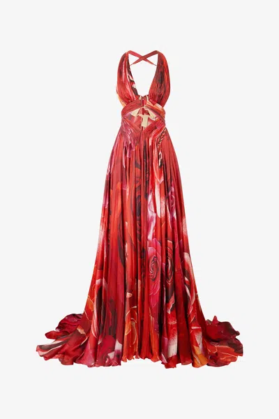 Roberto Cavalli Long Dress With Rose Print And Cut-out In Rosso