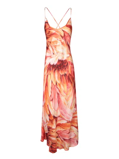 ROBERTO CAVALLI LONG DRESS WITH STRAPS AND PLUMAGE PRINT IN ORANGE